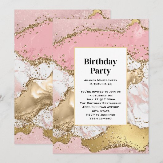 Roos Goud Roze Marmer Abstract Verjaardag Kaart (Voorkant / Achterkant)