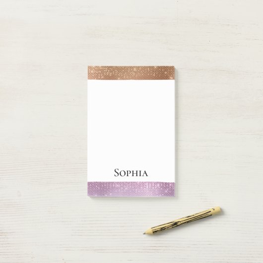 Roos Goud Roze Paarse Sparkle Post-it® Notes (Op bureau)