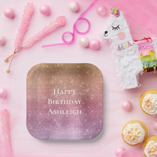 Roos Goud Roze Paarse Sparkle Verjaardag Papieren Bordje (Feest)