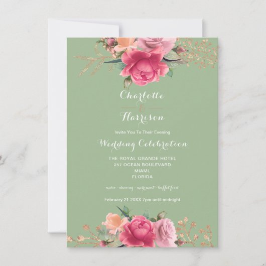 Roos Goud Roze Salie Groen Bloemen Rozen Bruiloft Kaart (Voorkant)