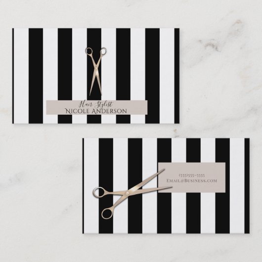 Roos Goud Roze Schaar Zwarte Strepen Haarstylist Visitekaartje (Voorkant / Achterkant)