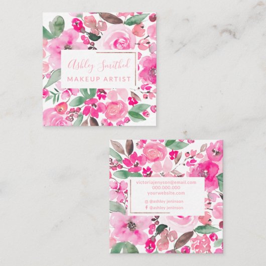 Roos Goud roze waterverf chic make-up Vierkante Visitekaartje (Voorkant / Achterkant)