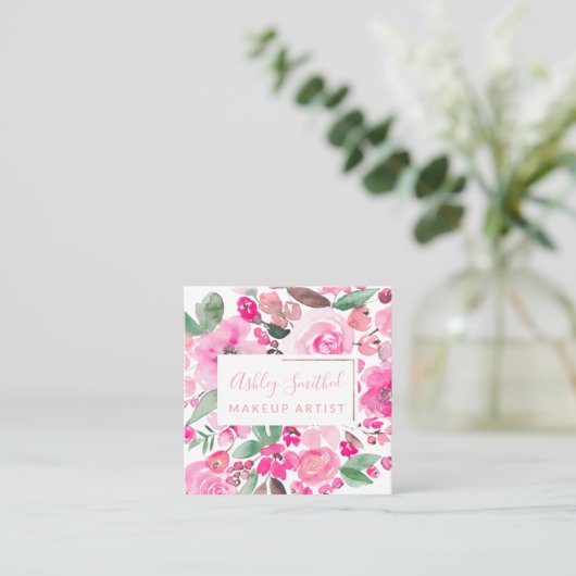Roos Goud roze waterverf chic make-up Vierkante Visitekaartje (Staand voorkant)