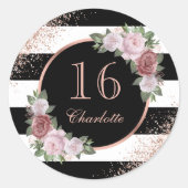 Roos Goud Roze Zwarte Bloem Sweet 16 Verjaardag Ronde Sticker (Voorkant)