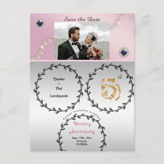 Roos Goud Saffier 5e Jubileum Save the Date Briefkaart (Voorkant)