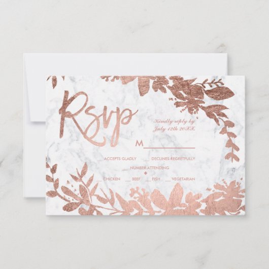 Roos Goud script bloemenwit marmer rsvp bruiloft Kaartje (Voorkant)