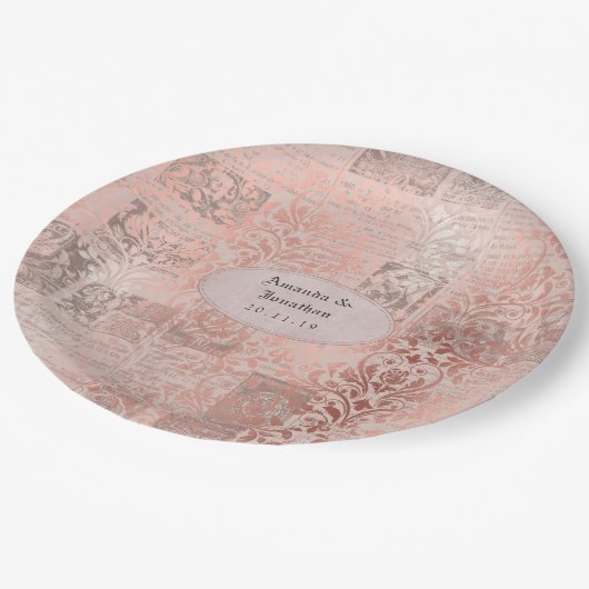 Roos Goud Shabby-Chic Damask Bruiloft Papieren Bordje (Gekanteld)