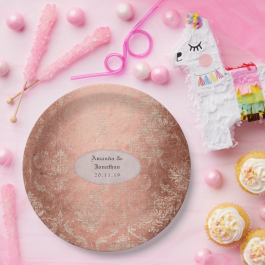 Roos Goud Shabby-Chic Damask Bruiloft Papieren Bordje (Feest)