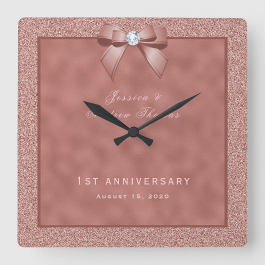 Roos Goud & Stijlvolle Glitter 1e Bruiloft Vierkante Klok (Voorkant)