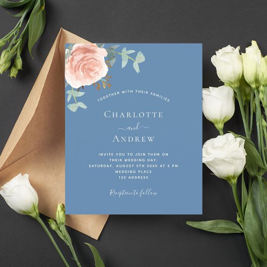Roos goud stoffig blauw groen huwelijksuitnodiging