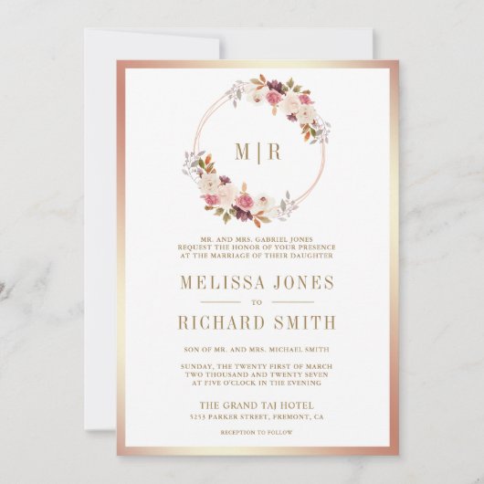 Roos Goud Stoffig Roze Bloemen Alles in Een Huweli Kaart (Voorkant)