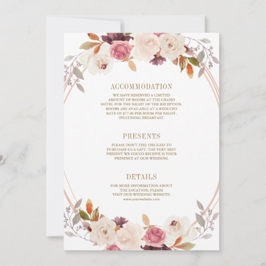 Roos Goud Stoffig Roze Bloemen Alles in Een Huweli Kaart (Achterkant)