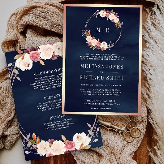 Roos Goud Stoffig Roze Bloemen Navy Blue Wedding Kaart