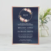 Roos Goud Stoffig Roze Bloemen Navy Blue Wedding Kaart (Staand voorkant)