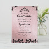 Roos Goud Tiara Damask Quinceanera Kaart (Staand voorkant)