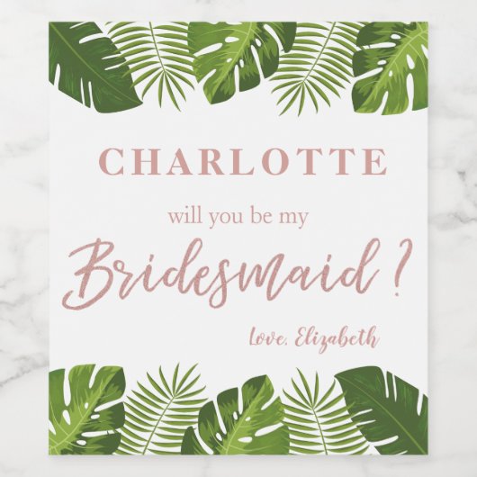 Roos goud tropisch bruidsmeisje Voorstel Wijn Etiket (Enkel label)