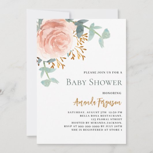 Roos goud waterkleurig bloemig baby shower kaart (Voorkant)
