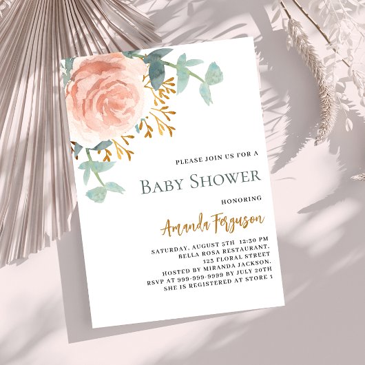Roos goud waterkleurig bloemig baby shower kaart