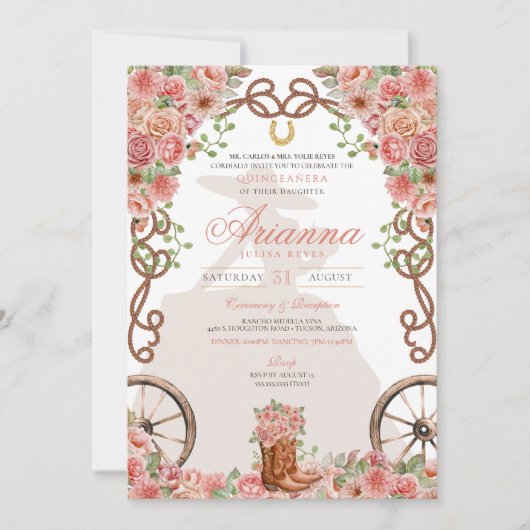 Roos Goud Western Charra Ranchera Quinceañera Kaart (Voorkant)
