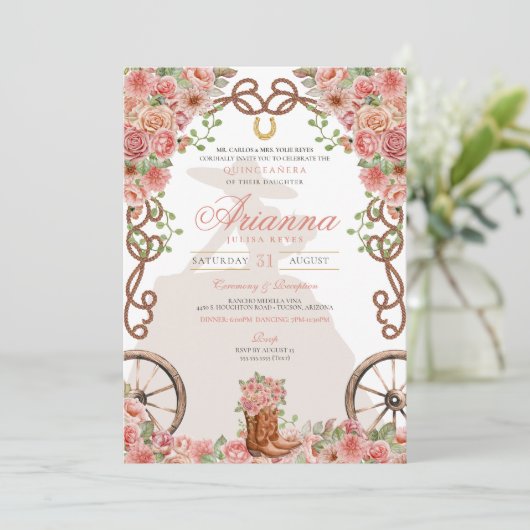 Roos Goud Western Charra Ranchera Quinceañera Kaart (Staand voorkant)