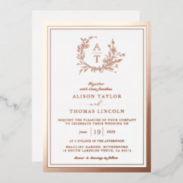 Roos Goud Wildflower Crest Monogram Bruiloft Echt Folie Uitnodiging