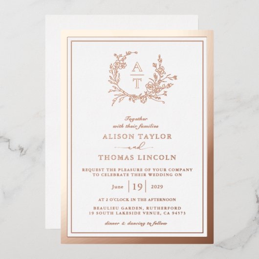 Roos Goud Wildflower Crest Monogram Bruiloft Echt Folie Uitnodiging (Voorkant / Achterkant)