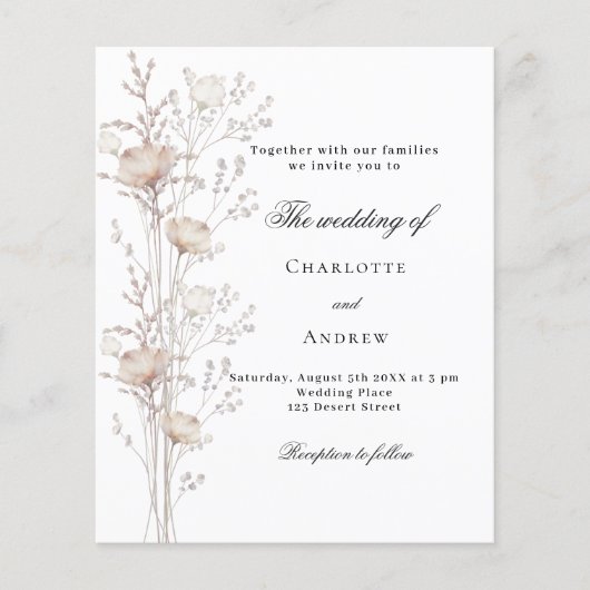 Roos goud wit bloemenbudget bruiloft uitnodiging (Voorkant)