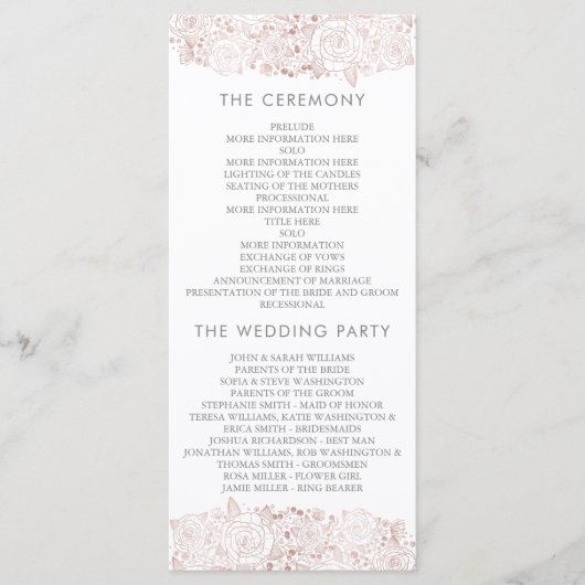 Roos Goud & Wit | Chique bloemenbruiloft programma Programmakaart (Voorkant)