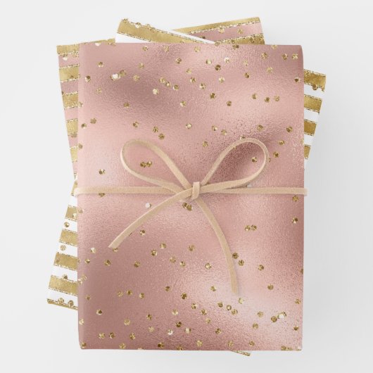 Roos Goud Wit Glam Glitz Strepen Inpakpapier Vel (In situ)