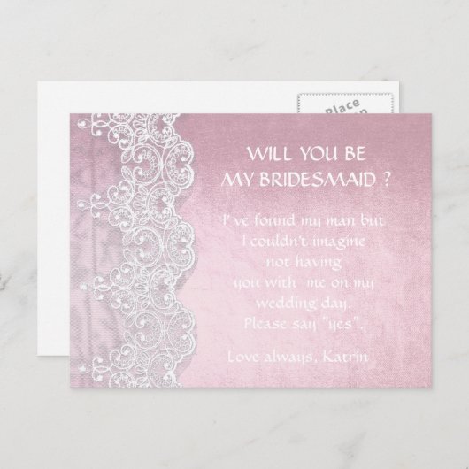 Roos Goud Wit Kant zal je mijn bruidsmeisje zijn Uitnodiging Briefkaart (Voorkant / Achterkant)