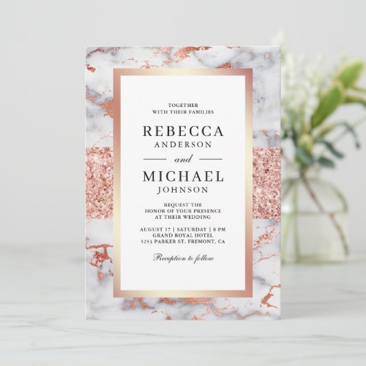 Roos Goud Wit Marmer Alles in Een QR Code Huwelijk Kaart (Staand voorkant)