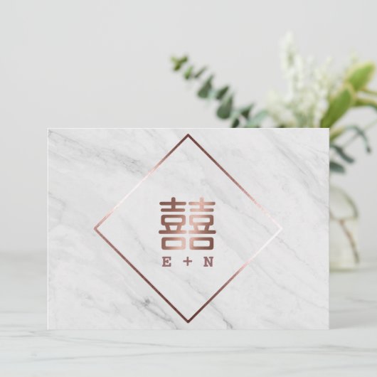 Roos Goud & Wit Marmer Chinees Bewaar de datum Save The Date (Staand voorkant)