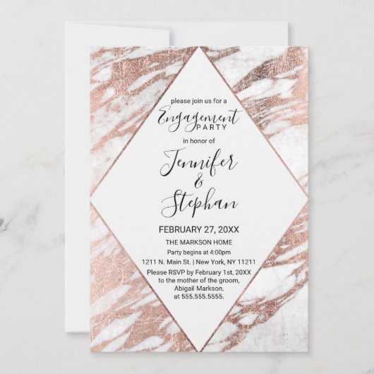 Roos Goud Wit Modern Marmer Verloving Kaart (Voorkant)