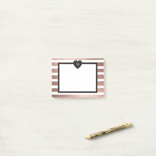 Roos goud, witte strepen, zwart monogram hart post-it® notes (Op bureau)
