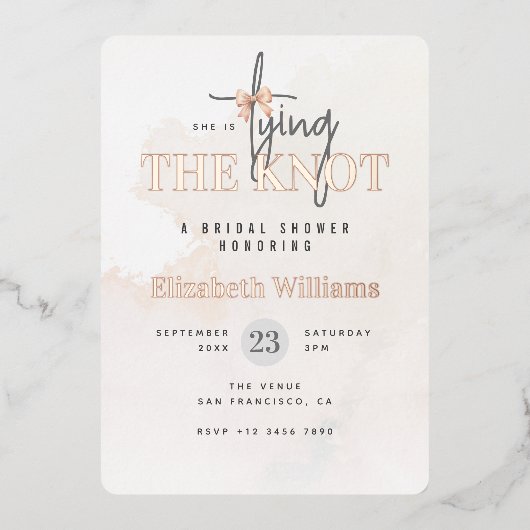 Roos goud ze is het knopen van de knoop Vrijgezell Folie Uitnodiging (Voorkant)