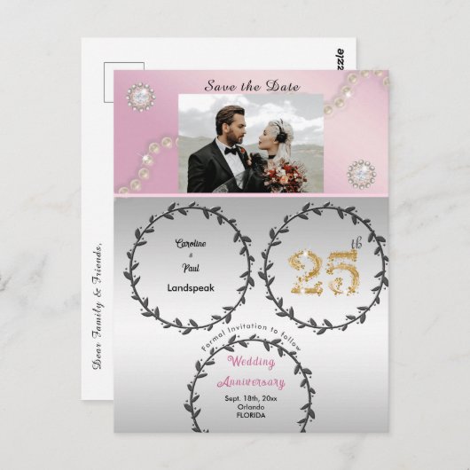 Roos Goud & Zilver 25e Jubileum Save the Date Briefkaart (Voorkant / Achterkant)