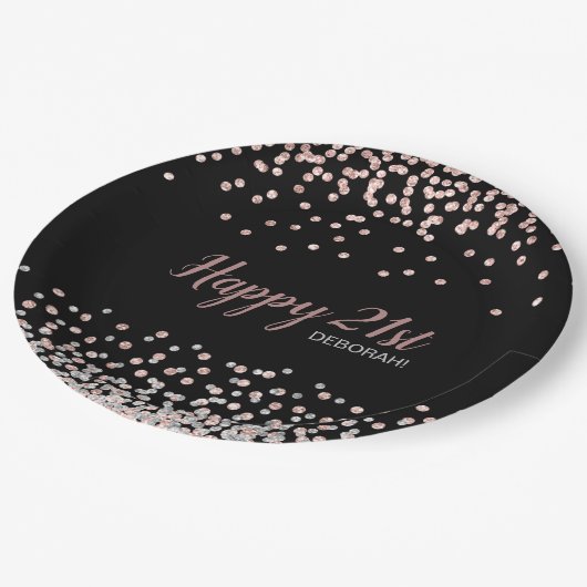 Roos Goud Zilver Confetti 21ste Verjaardagsfeest Papieren Bordje (Gekanteld)