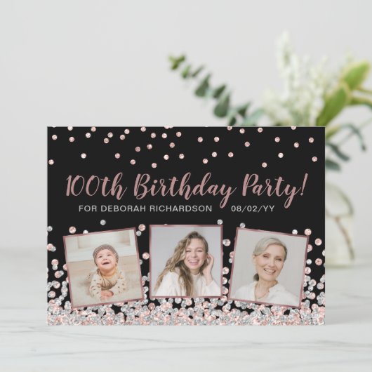 Roos Goud Zilver Fotocollage 100e Verjaardag Kaart (Staand voorkant)