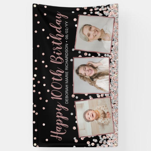 Roos Goud Zilver Fotocollage 100e Verjaardag Spandoek (Verticaal)