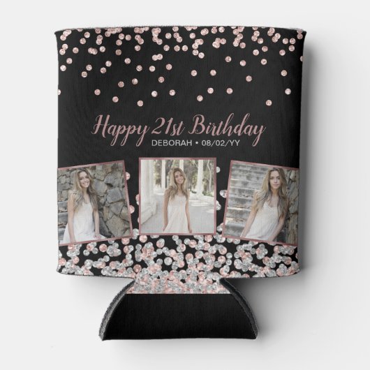 Roos Goud Zilver Fotocollage 21e Verjaardag Blikjeskoeler (Voorkant)