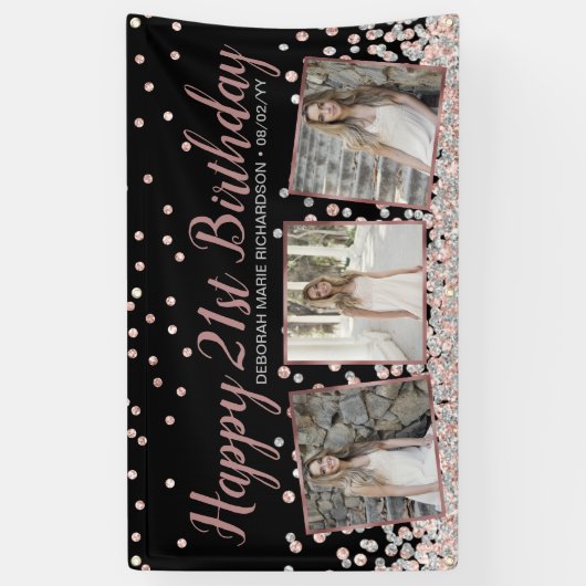 Roos Goud Zilver Fotocollage 21e Verjaardag Spandoek (Verticaal)
