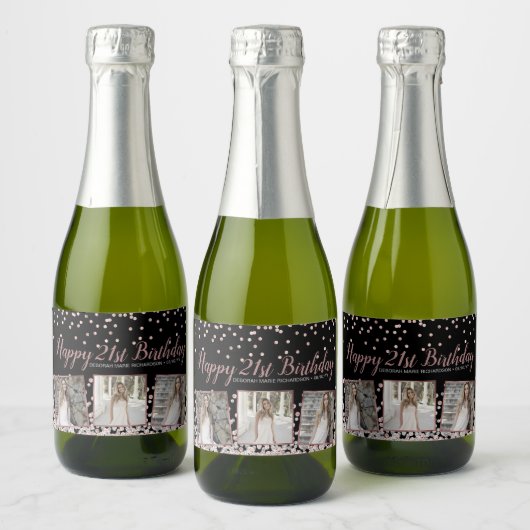 Roos Goud Zilver Fotocollage 21e Verjaardag Sparkling Wijnetiket (Flessen)