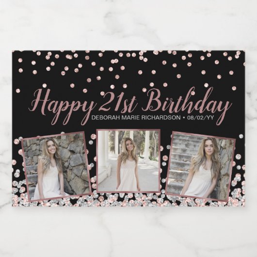 Roos Goud Zilver Fotocollage 21e Verjaardag Sparkling Wijnetiket (Enkel label)