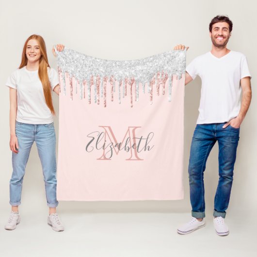 Roos goud zilver glitter druppelt roze monogrammen fleece deken (In situ)