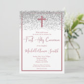 Roos Goud Zilver Meisje Eerste Heilige Communie Kaart (Staand voorkant)