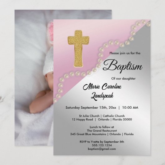 Roos Goud Zilver Metallic & Parels Doop Kaart (Voorkant / Achterkant)