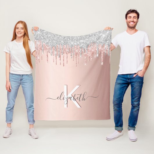 Roos Goud Zilver Roze Druppels Monogram Naam Fleece Deken (In situ)