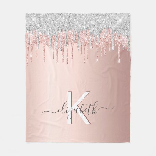 Roos Goud Zilver Roze Druppels Monogram Naam Fleece Deken (Voorkant)