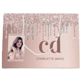 Roos goud zilveren glitter druppelt foto monogram groot cadeauzakje (Voorkant)