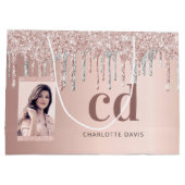 Roos goud zilveren glitter druppelt foto monogram groot cadeauzakje (Achterkant)